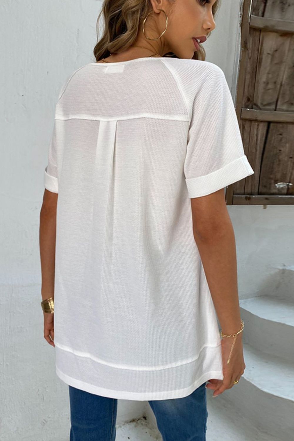 Full Size Cuffed Sleeve Henley Top