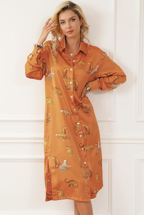 Animal Pattern Long Sleeve Slit Shirt Pumpkin Orange Dress