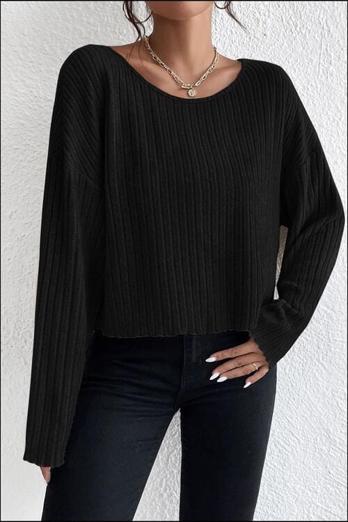 Laken Jay Ribbed Round Neck Drop Shoulder Long Sleeve Top