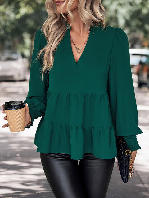 Green Notched Neck Lantern Sleeve Blouse