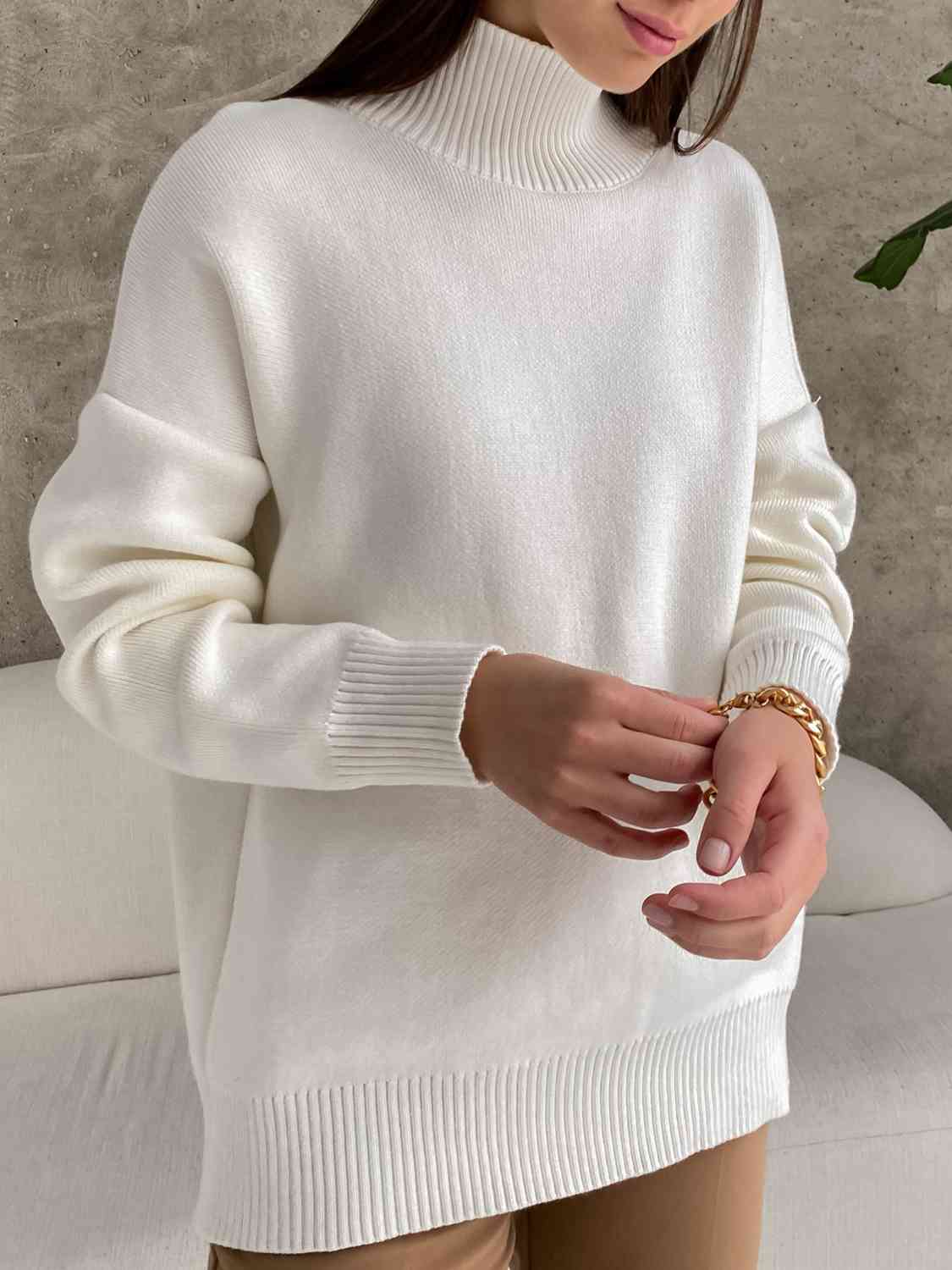 One Size Mock Neck Dropped Shoulder Sweater