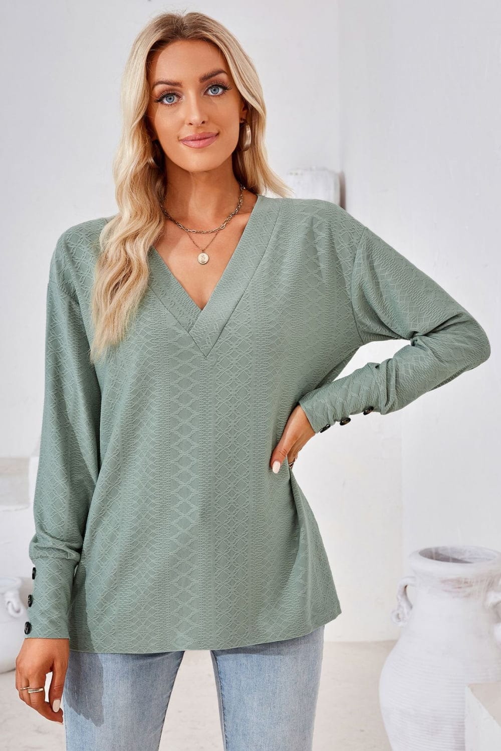 Full Size V-Neck Long Sleeve Blouse