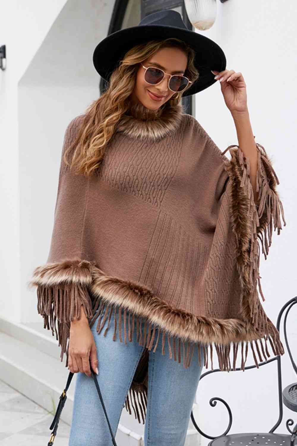 Country Rustic One Size Faux Fur Trim Fringed Poncho