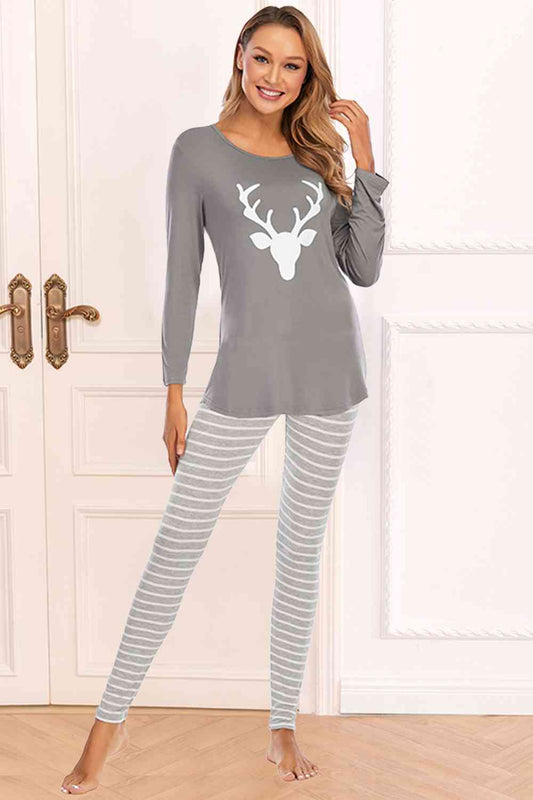 DEER Graphic Round Neck Top and Striped Pants Set
