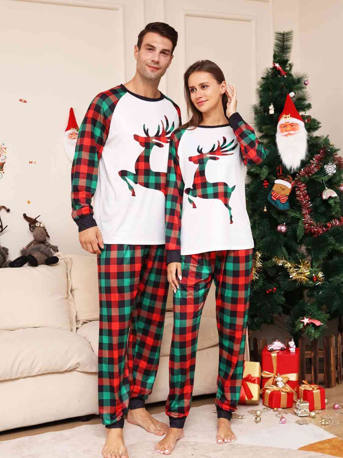 UNISEX Full Size CHRISTMAS Reindeer Graphic Top and Plaid Pants Set