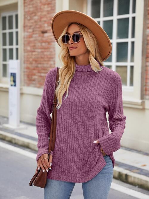 Laken Jay Ribbed Turtleneck Long Sleeve Slit Knit Top