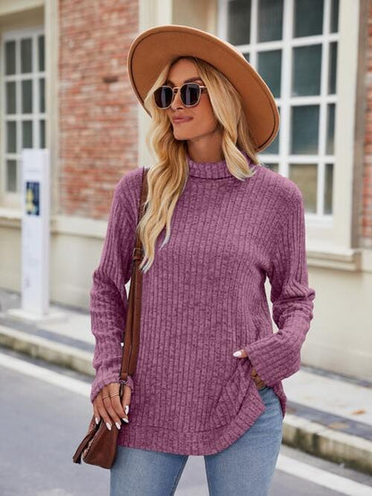 Laken Jay Ribbed Turtleneck Long Sleeve Slit Knit Top