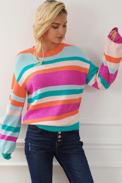 LoveByHannah Striped Round Neck Long Sleeve Knit Top