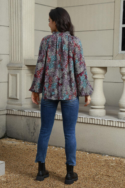 Tie Neck Heathered Balloon Sleeve Blouse