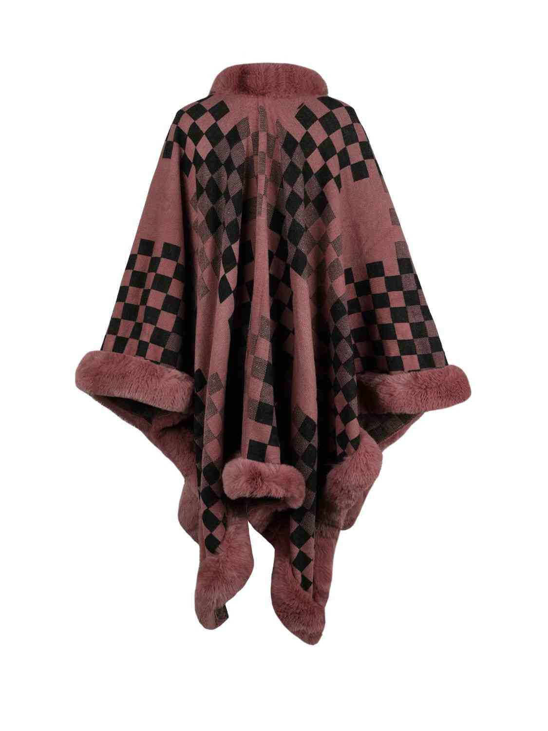 Savannah Jay One Size Checkered Faux Fur Trim Poncho