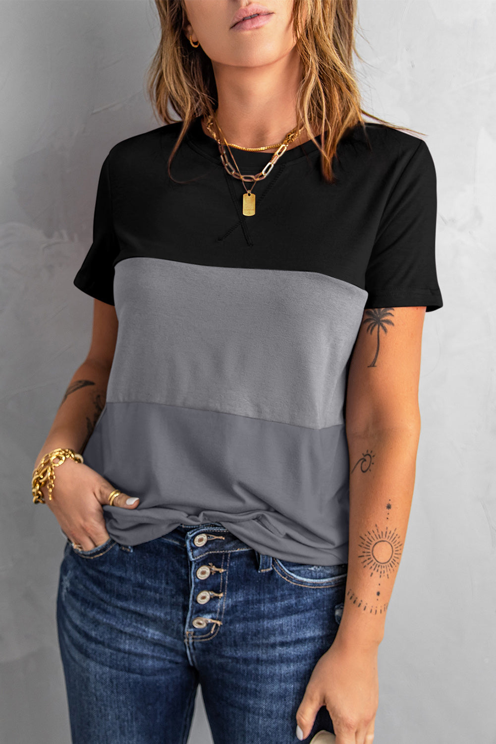 Women's Full Size Short Sleeve Color Block Side Slit Round Neck T-Shirt