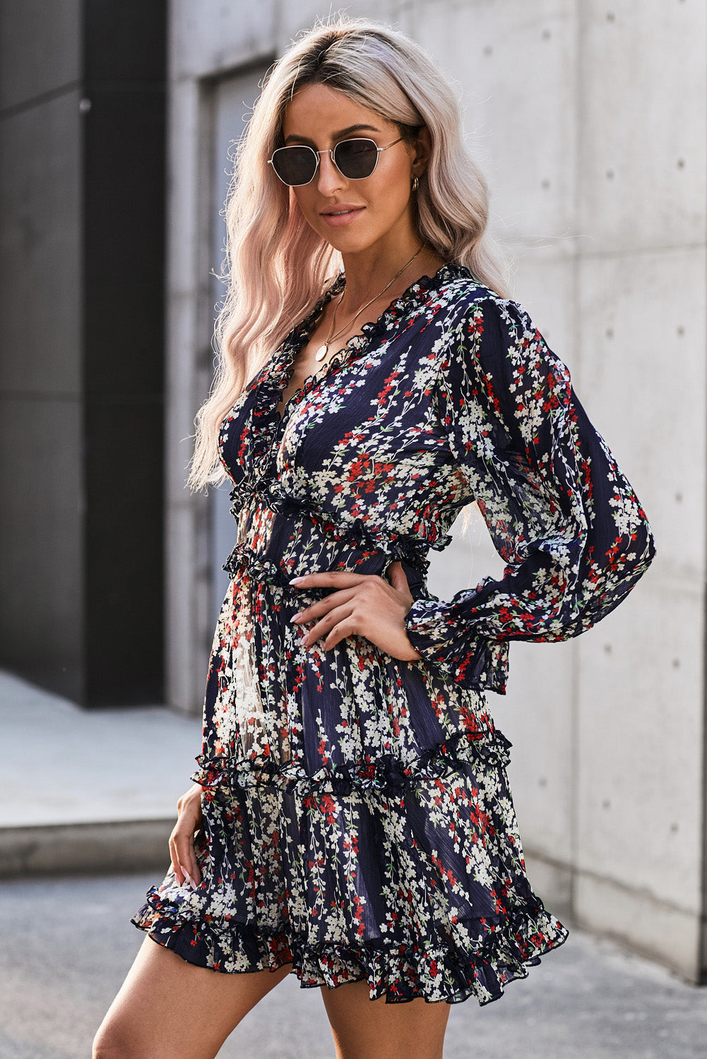 Women's Floral Frill Trim Plunge Flounce Sleeve Dress