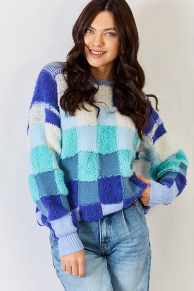 J.NNA Blue Multi Checkered Round Neck Long Sleeve Sweater
