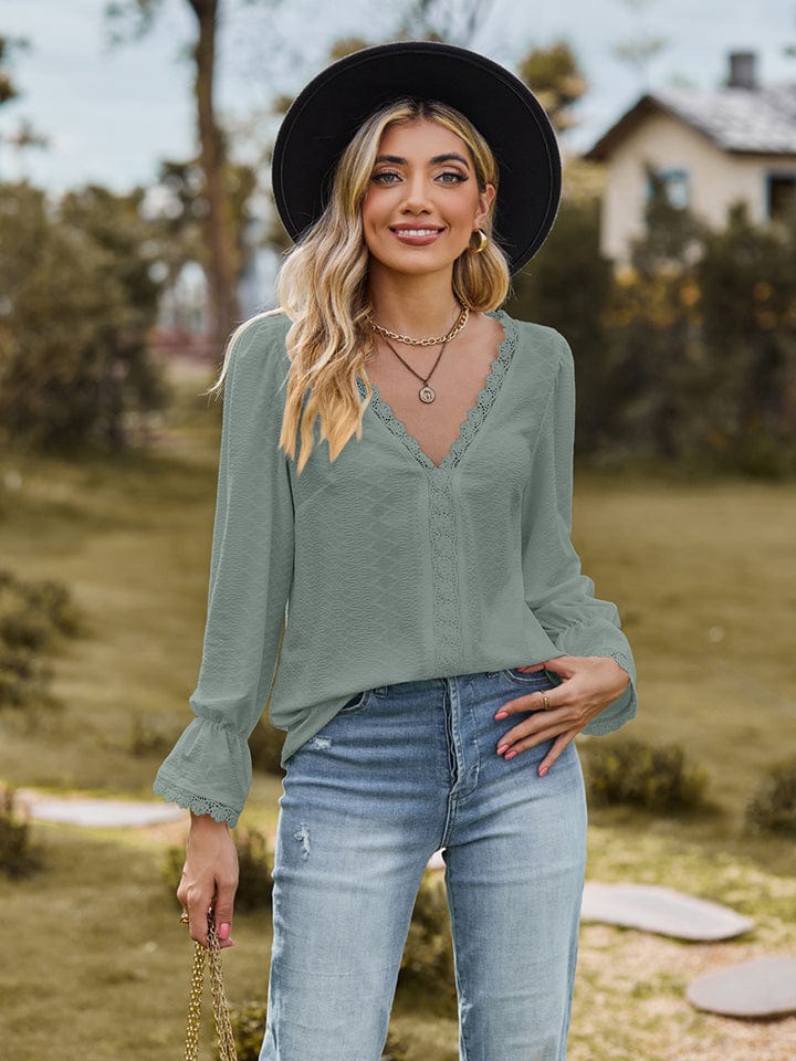 Full Size V-Neck Flounce Sleeve Blouse