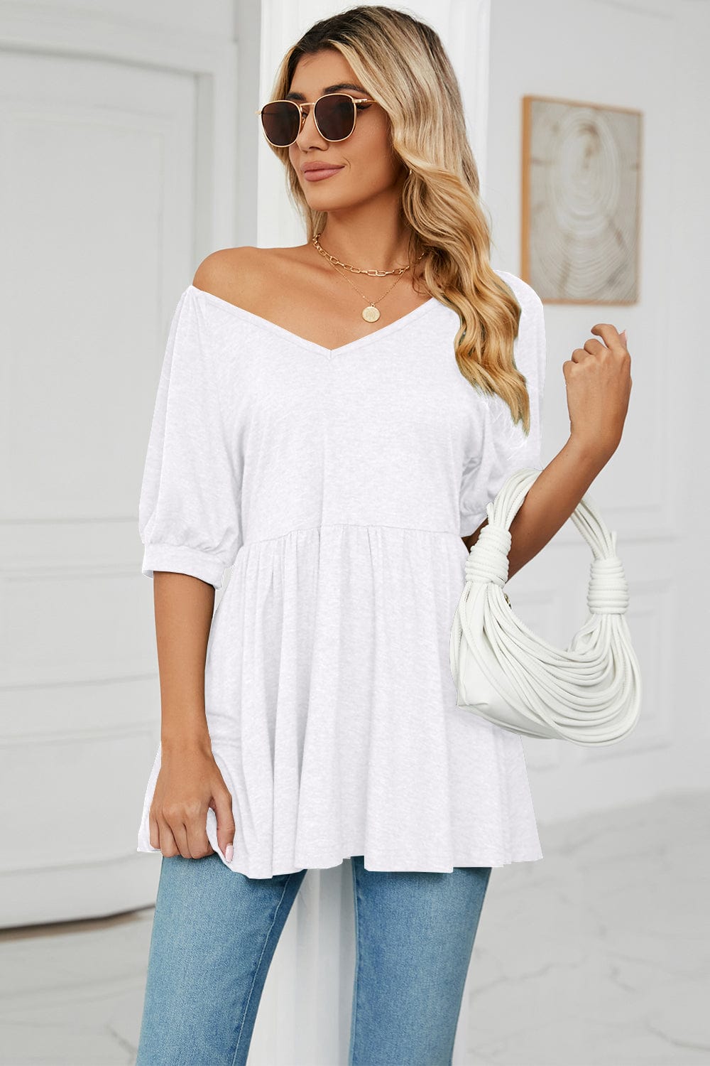 Full Size V-Neck Babydoll Top