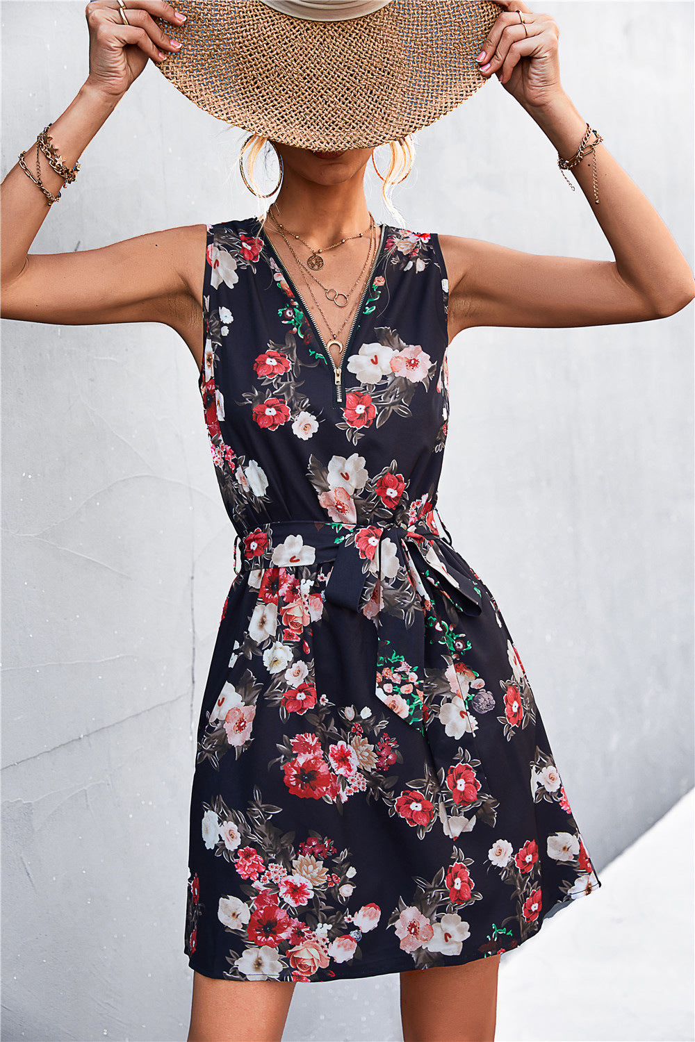 Women's Printed Zip Detail Belted Sleeveless Dress