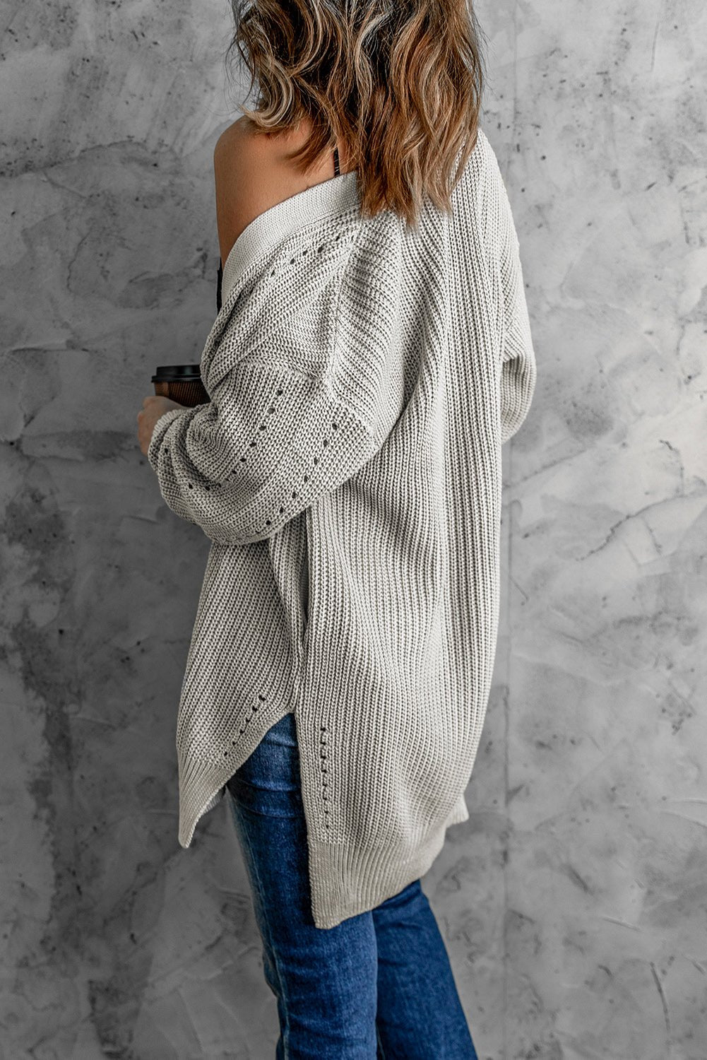 Openwork Rib-Knit Slit Cardigan with Pockets