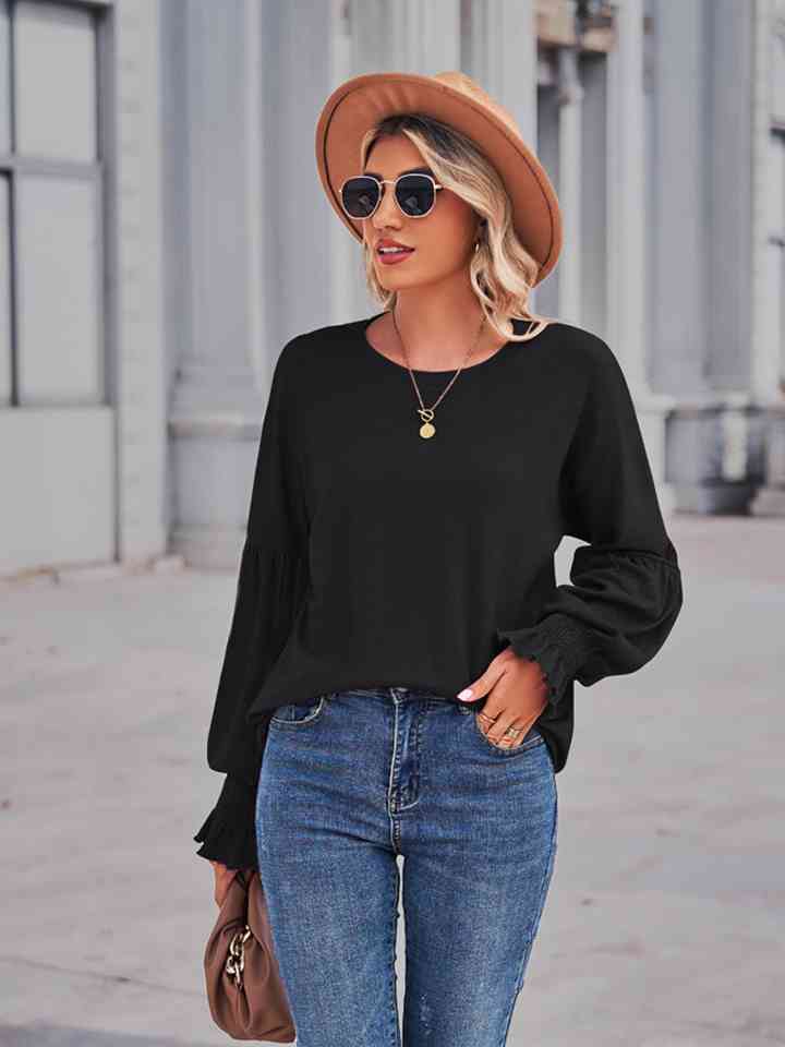 Full Size Round Neck Flounce Sleeve Blouse