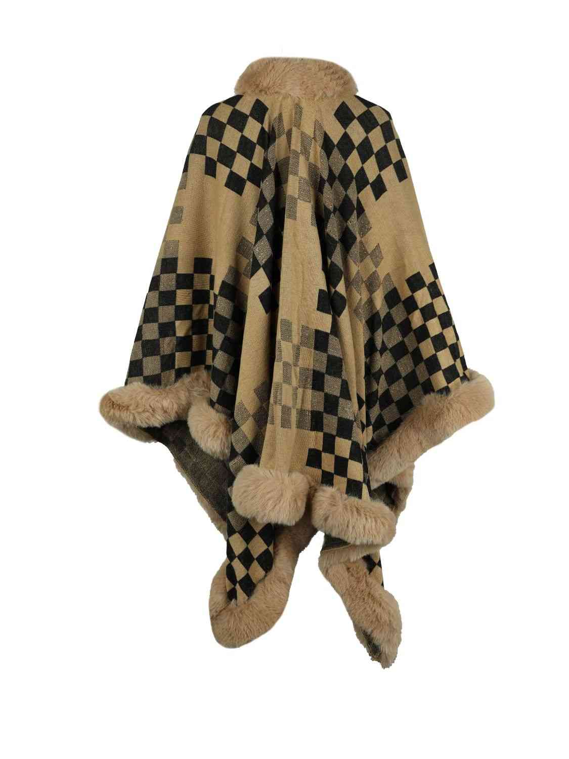 Savannah Jay One Size Checkered Faux Fur Trim Poncho