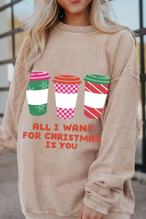 Christmas Themed Ribbed Graphic Long Sleeve Khaki Sweatshirt