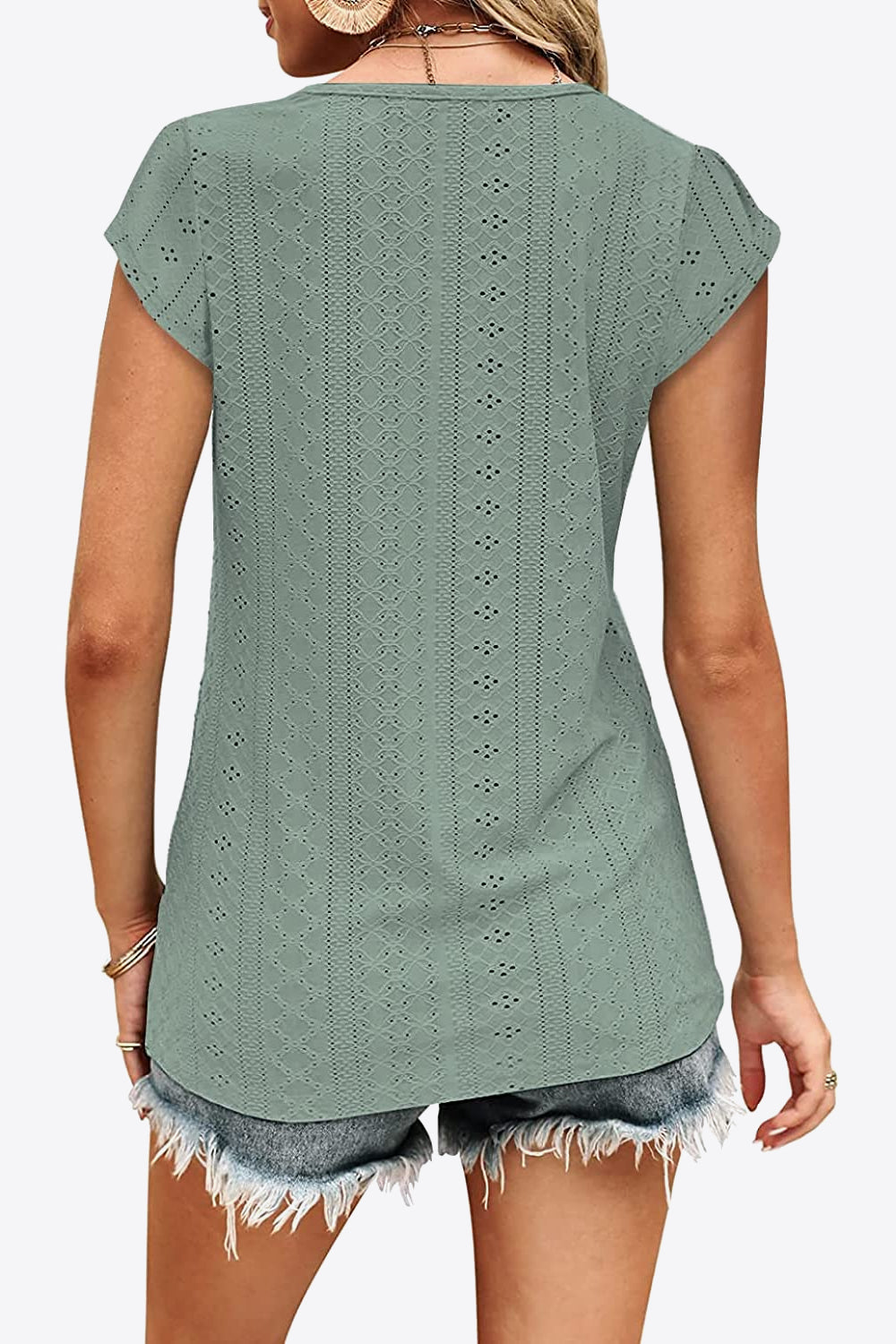 Full Size Eyelet Contrast V-Neck Tee