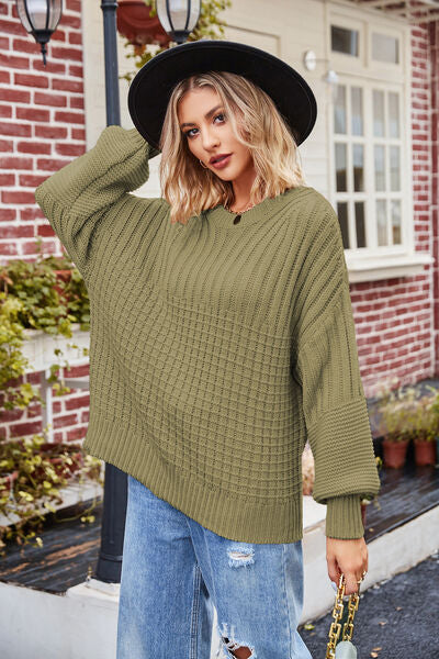 SoCozy Ribbed Drop Shoulder Lantern Sleeve Sweater