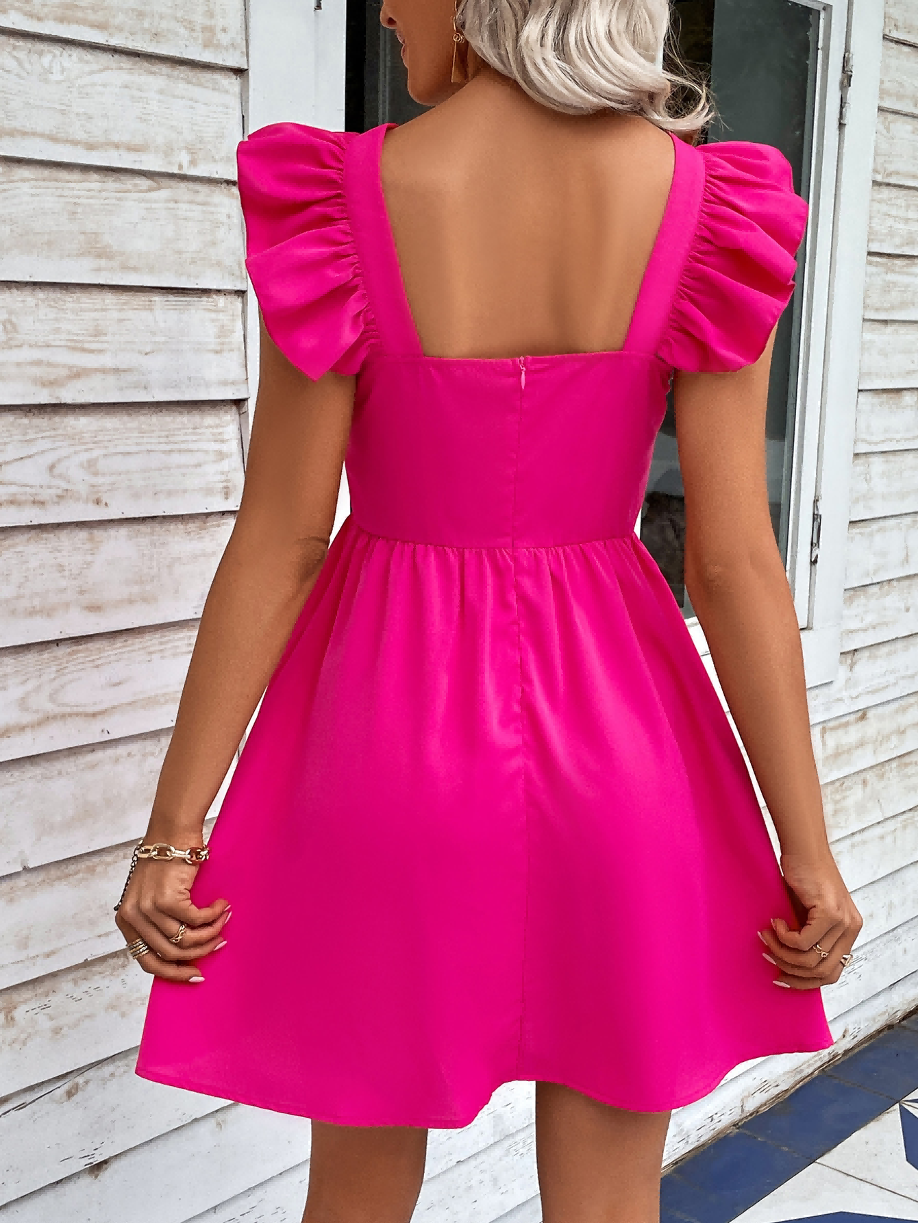 Hot Pink Ruffled Square Neck Dress