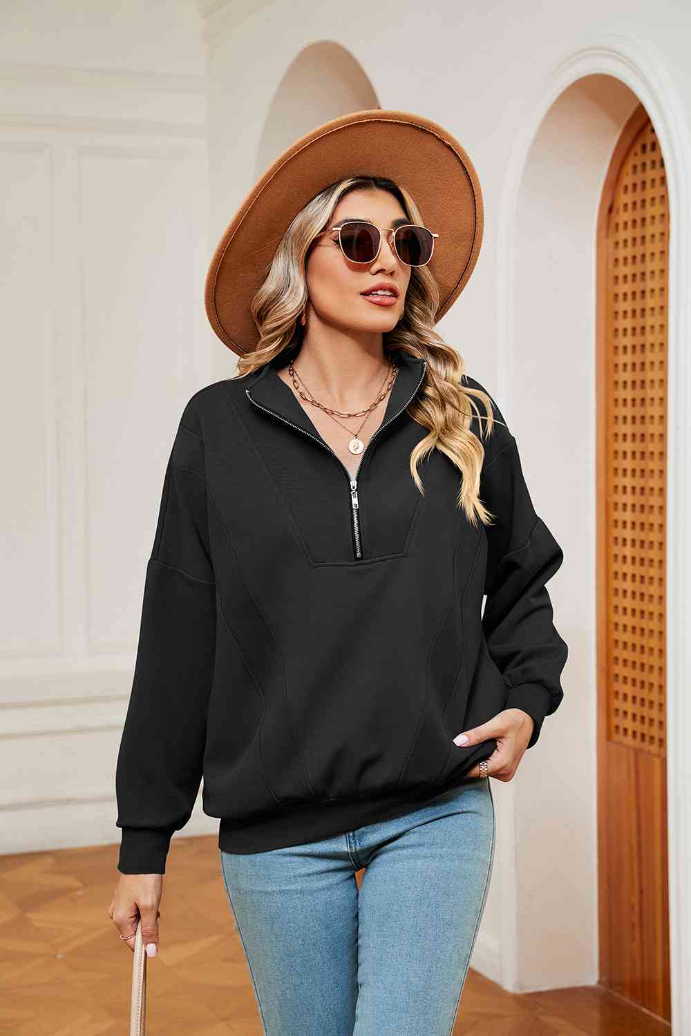 Full Size Half-Zip Dropped Shoulder Sweatshirt