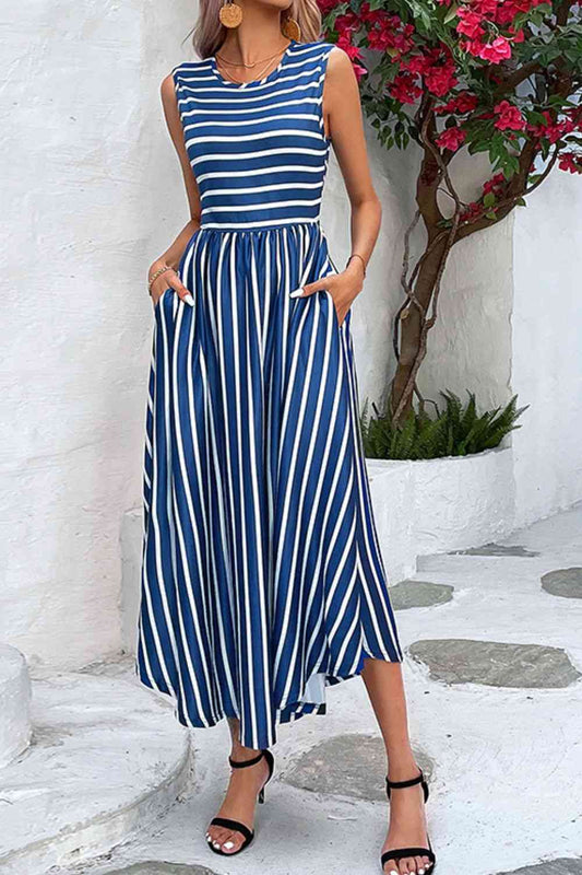 Peacock Blue Striped Round Neck Sleeveless Dress with Pockets