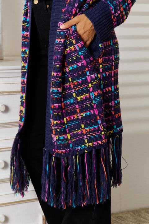 Multicolor Fringe Hem Open Front Cardigan