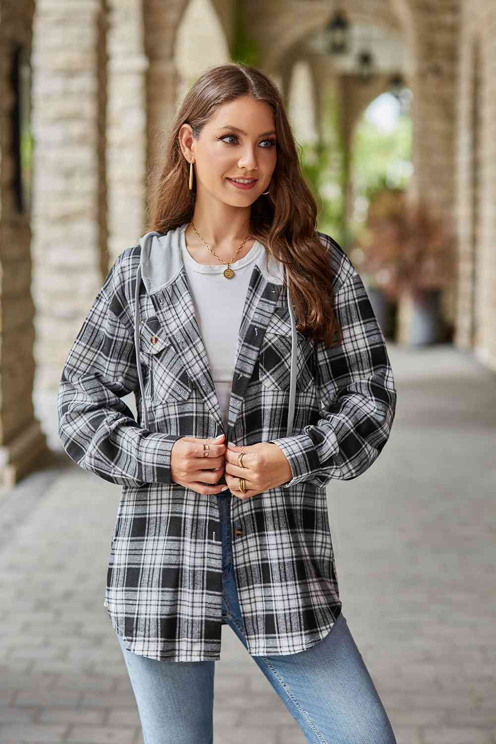 Full Size Plaid Long Sleeve Hooded Jacket