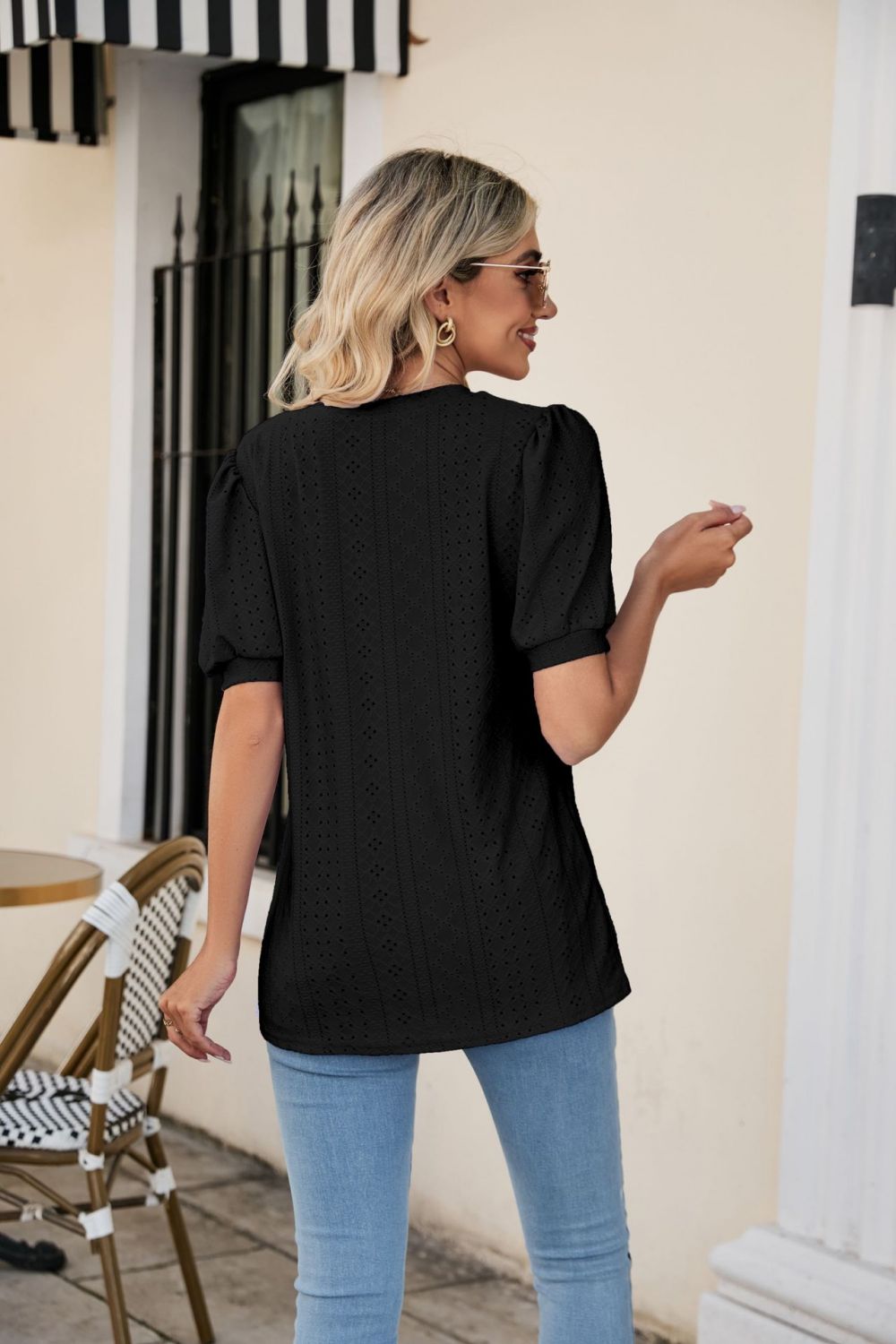 Full Size Eyelet Puff Sleeve V-Neck Top