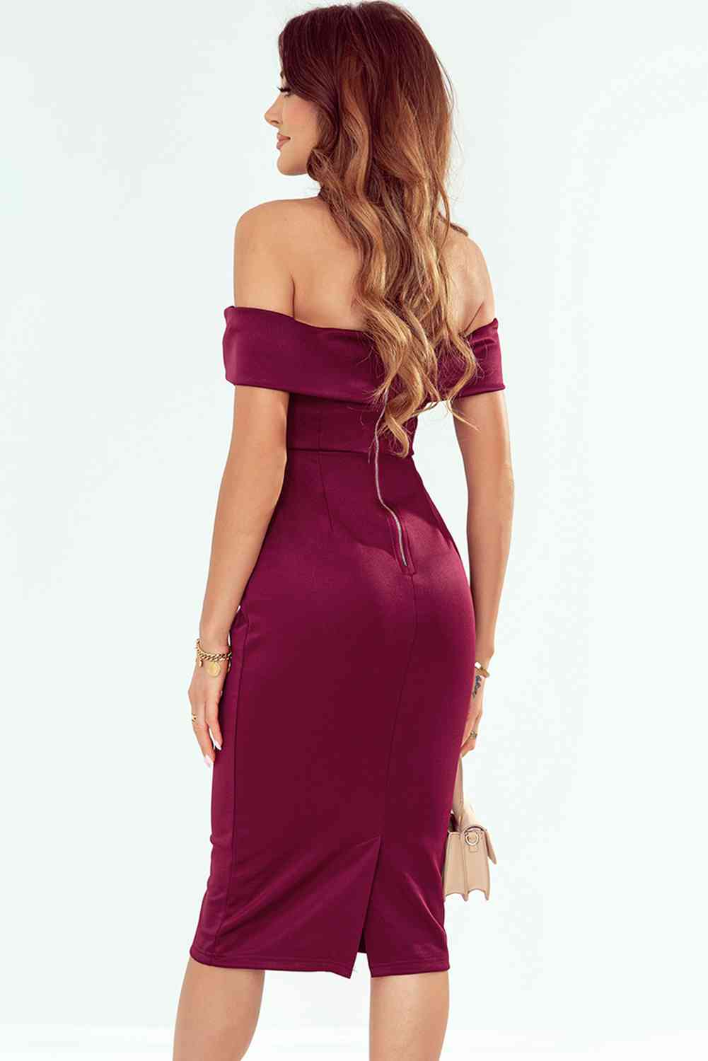 Full Size Off-Shoulder Zip-Back Slit Dress