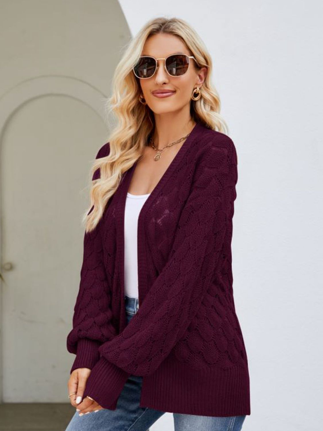 SkyMarie Open Front Ribbed Trim Cardigan