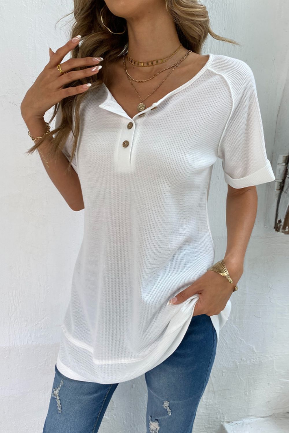 Full Size Cuffed Sleeve Henley Top