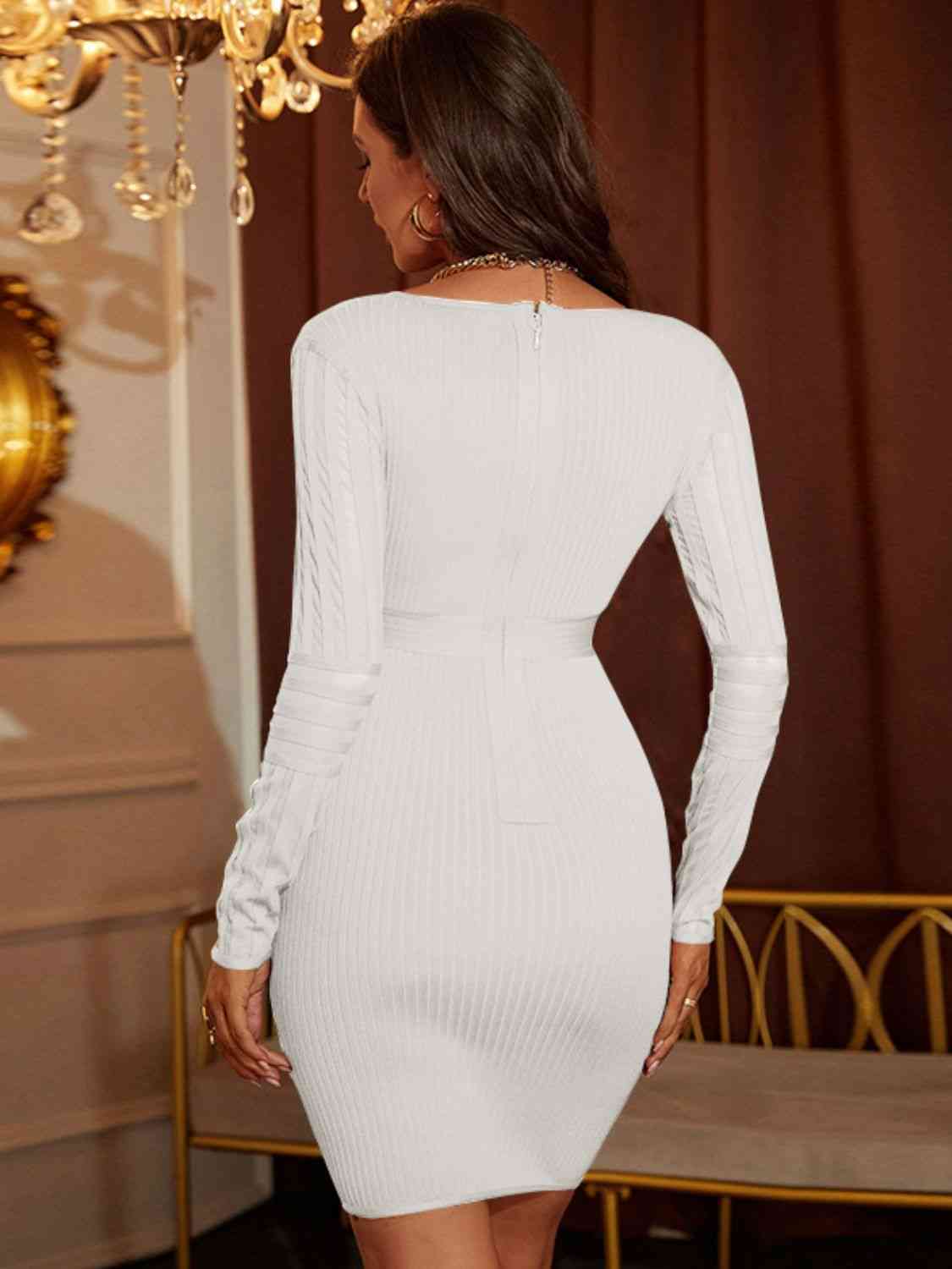 Women's Lucetta Ribbed Deep V Long Sleeve Mini Bandage Dress