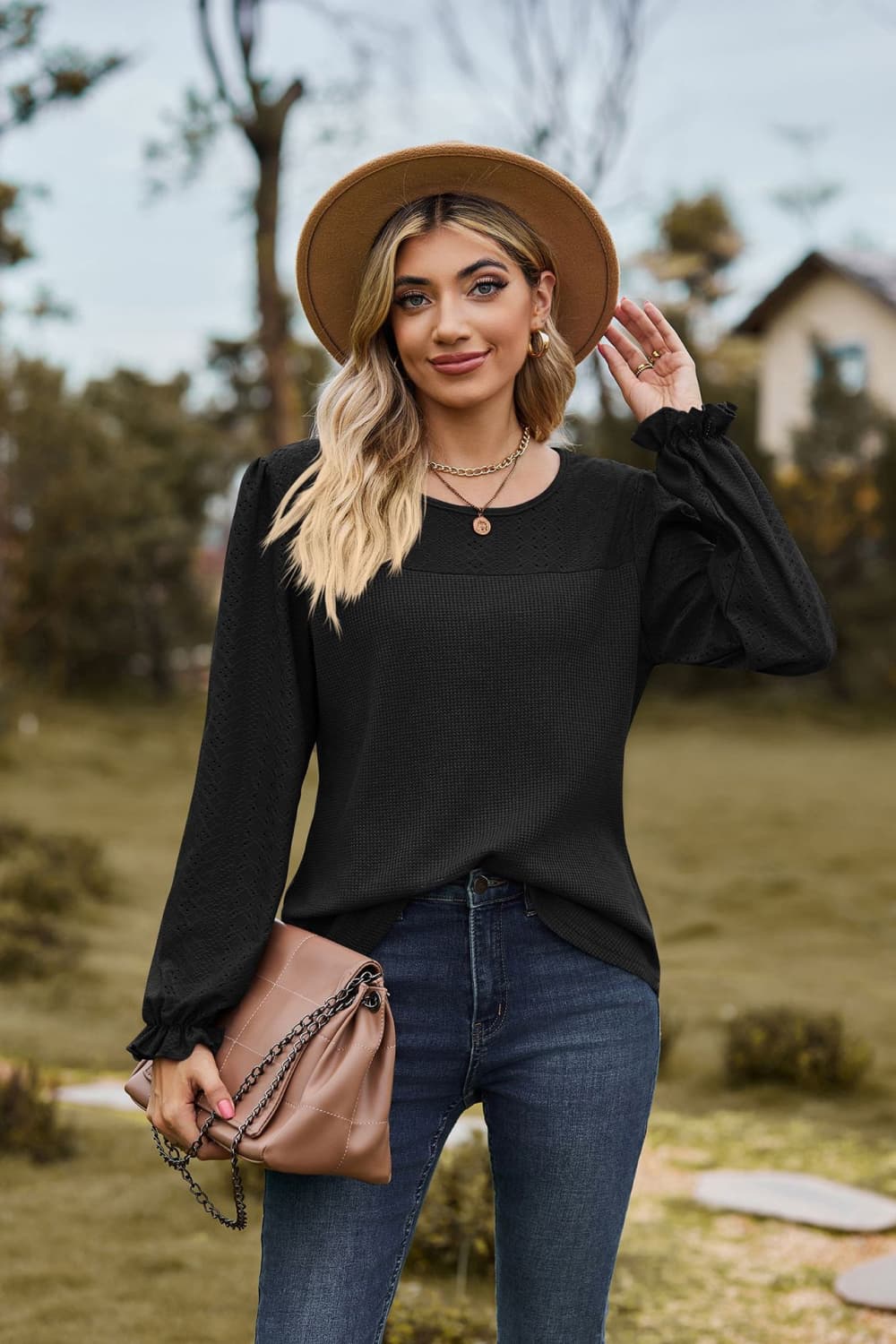 Full Size Round Neck Puff Sleeve Blouse