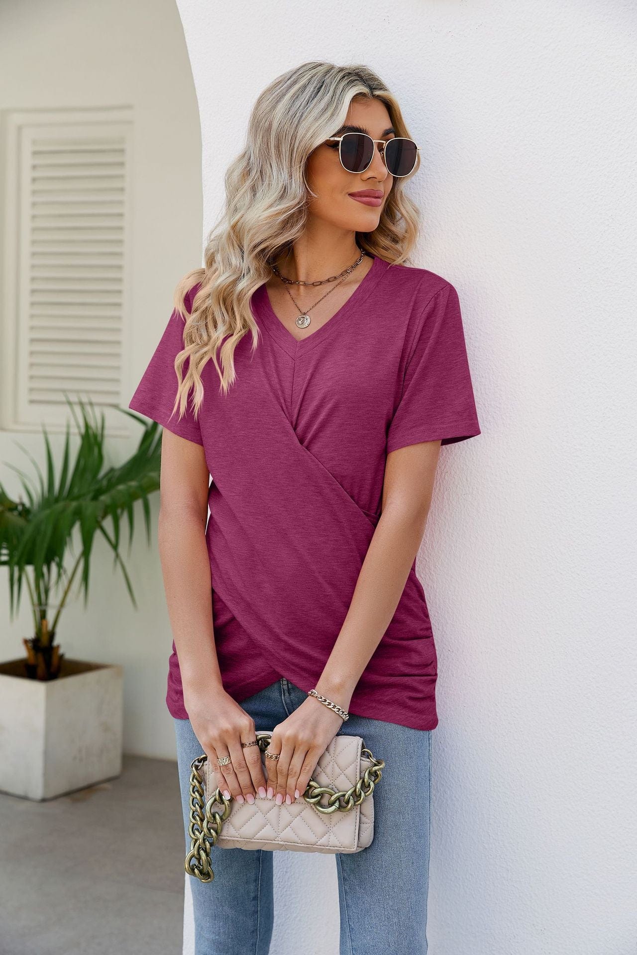 Full Size V-Neck Crisscross Short Sleeve Tee