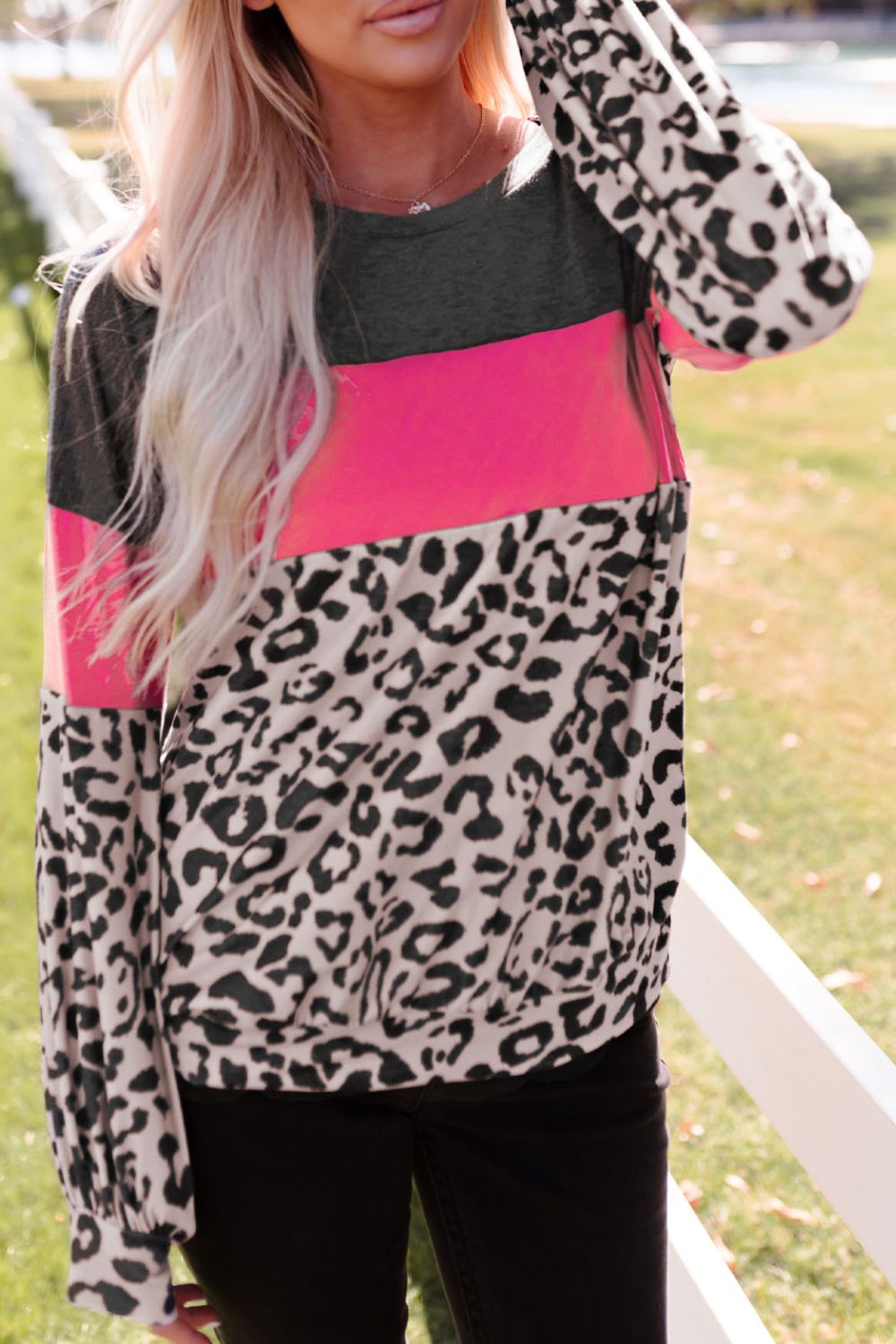 Women's Leopard Print Color Block Long-Sleeve Top