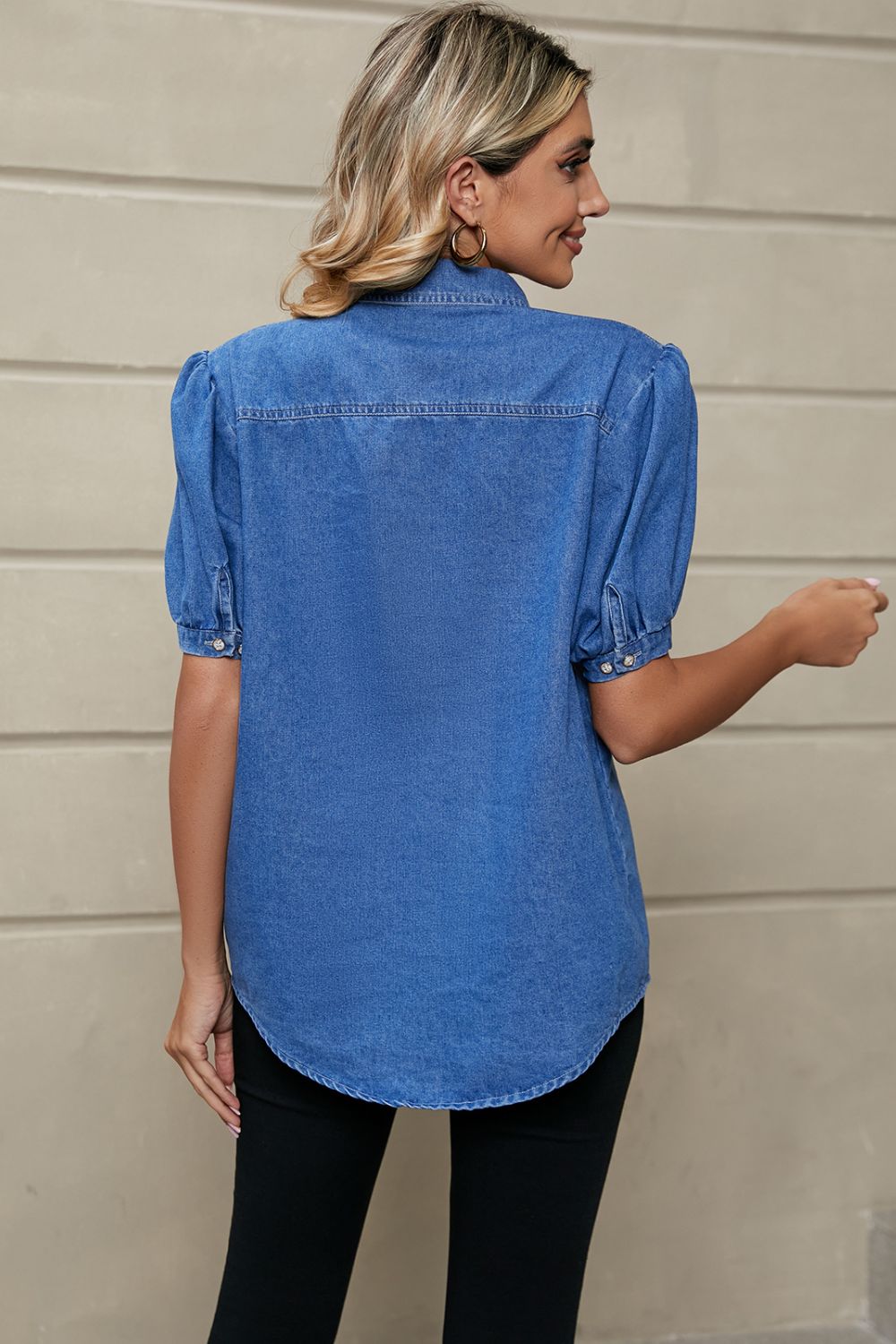 GorgeousNights Puff Sleeve Collared Denim Top