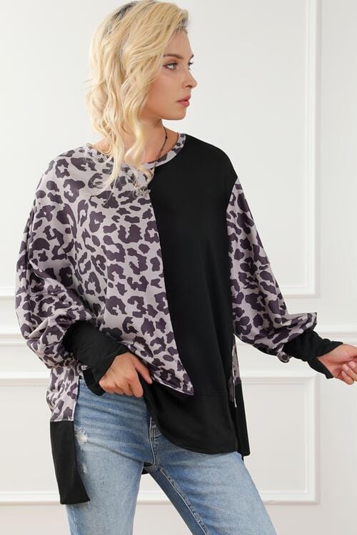 Leopard Round Neck Lantern Sleeve Slit Black Sweatshirt