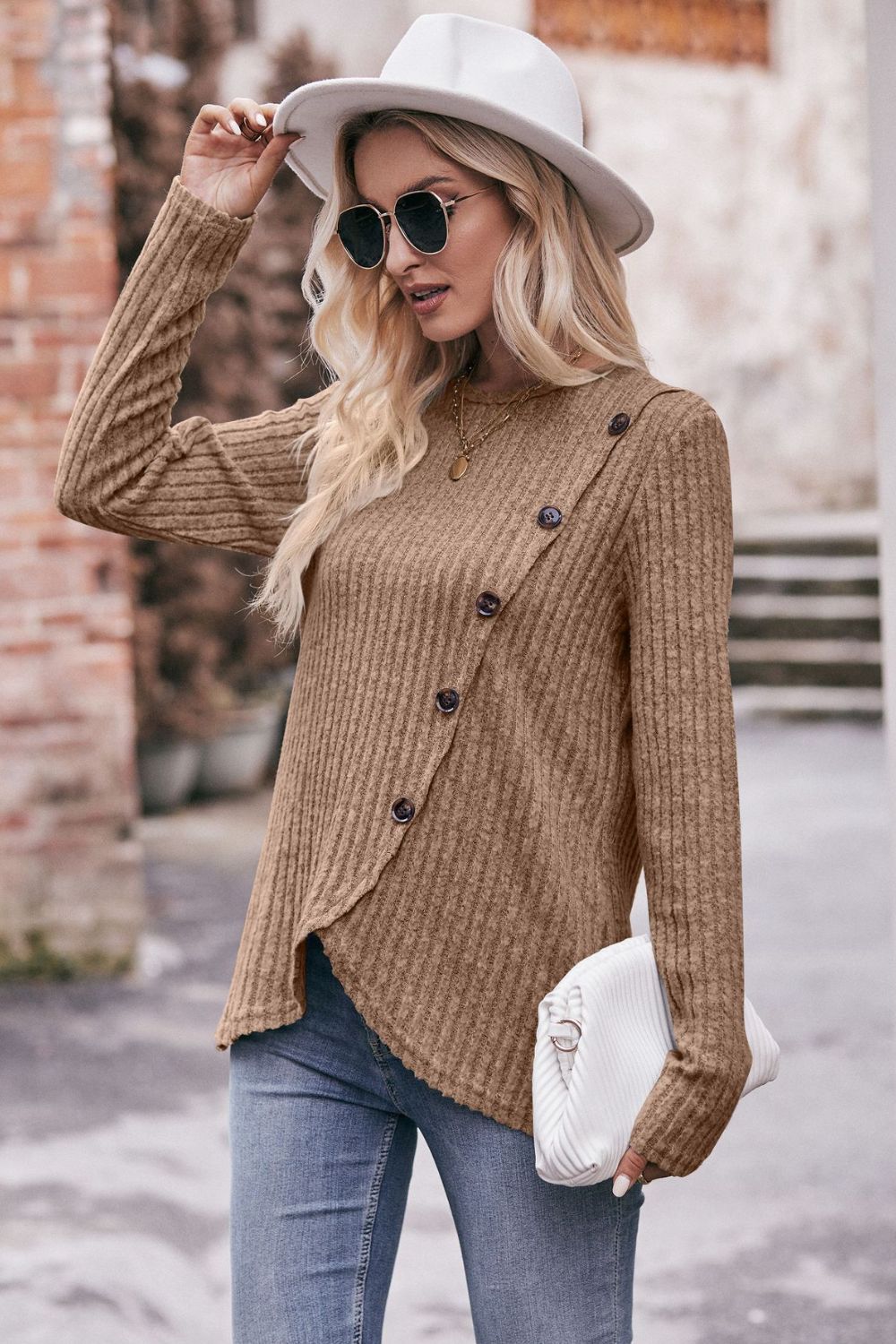 Full Size Ribbed Round Neck Buttoned Long Sleeve Tee