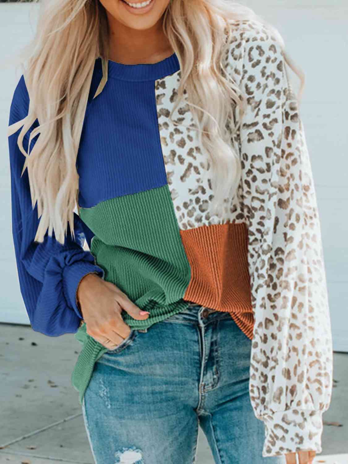 Full Size Color Block Leopard Round Neck Sweatshirt