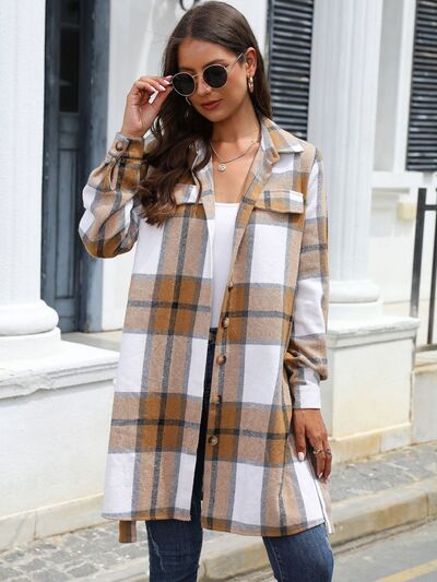 Penelope Plaid Belted Collared Neck Button Up Jacket