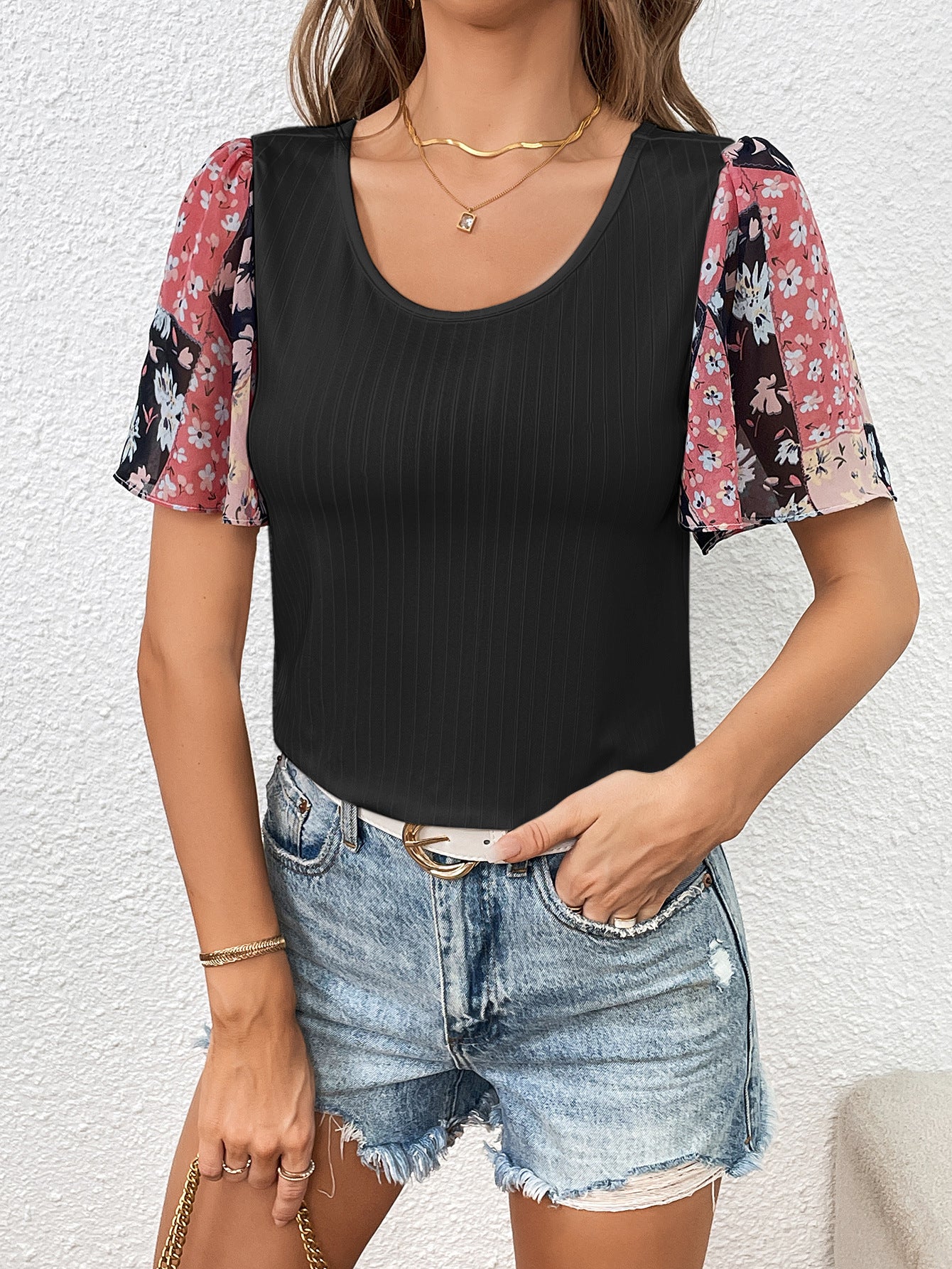 Full Size Printed Puff Sleeve Round Neck Tee