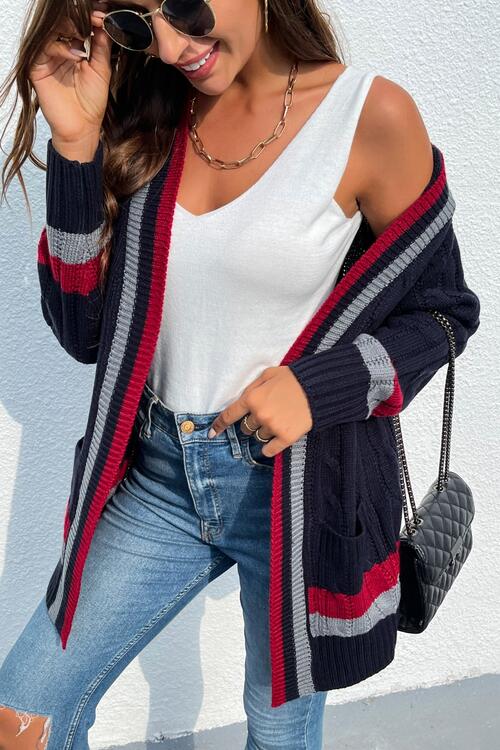 Charming Trends Dark Navy Open Front Striped Long Sleeve Cardigan