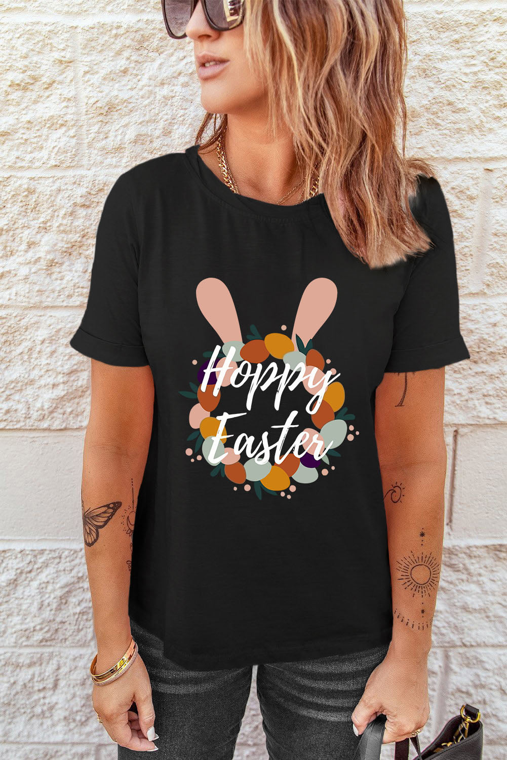 Women's Full Size HAPPY EASTER Graphic Black T-Shirt