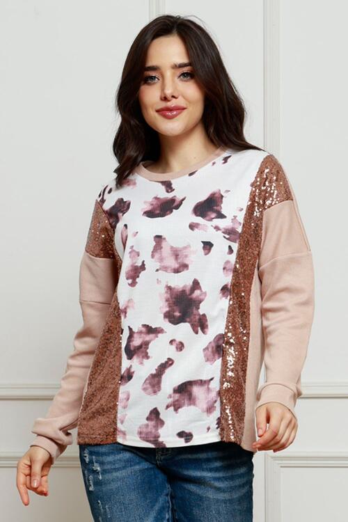 Sequin Animal Print Round Neck Khaki Sweatshirt