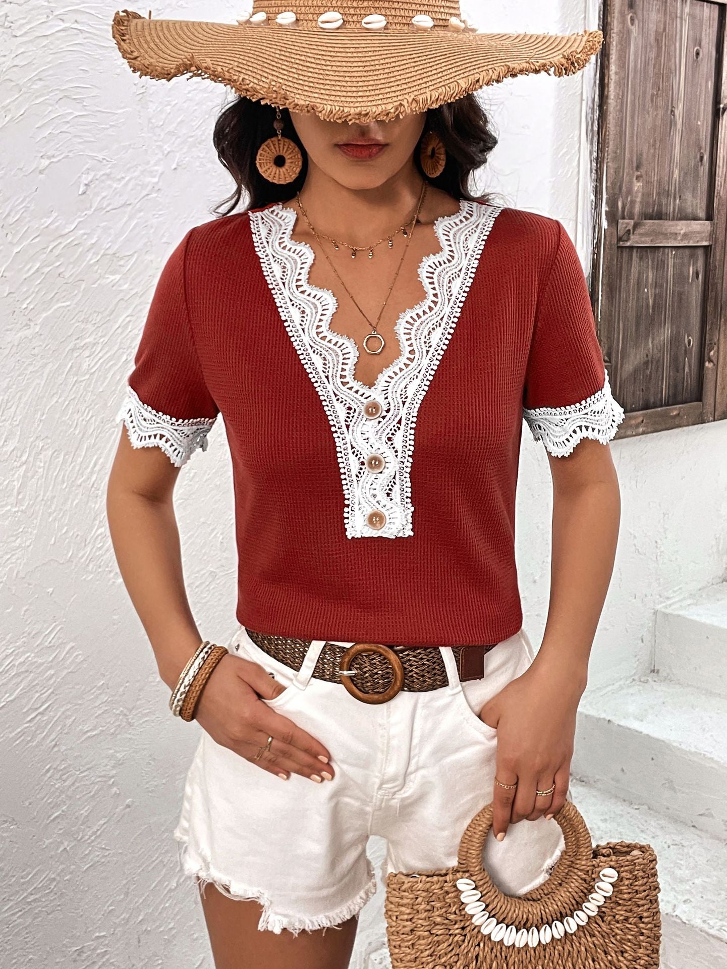 Women's Decorative Button Spliced Lace Short Sleeve Top