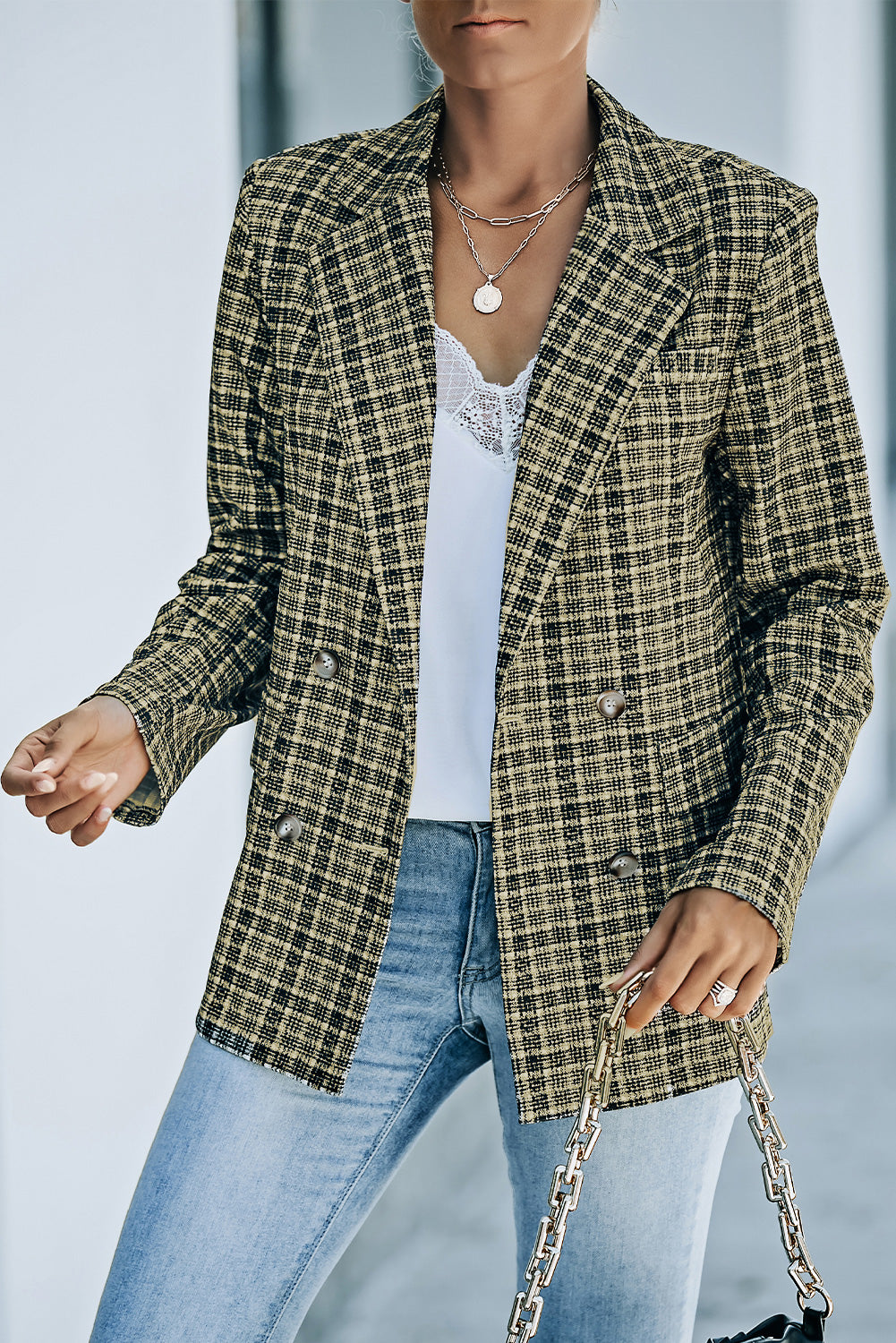 Women's Plaid Double-Breasted Long Sleeve Blazer